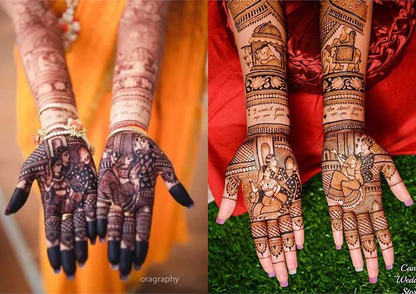 Close up of left hand of girl with red nail polish and mehndi designs in  fingers and middle of hand, selective focusing Stock Photo | Adobe Stock