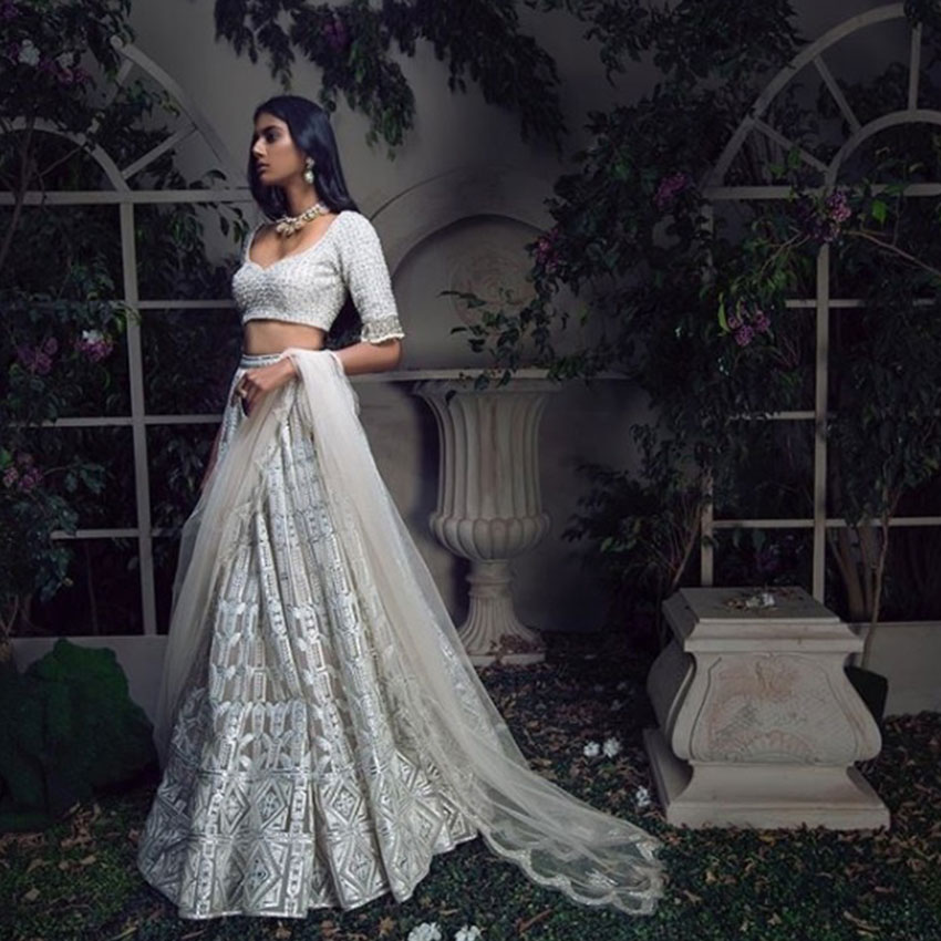 Buy Blue and grey metallic striped lehenga set by Chamee and Palak at  Aashni and Co