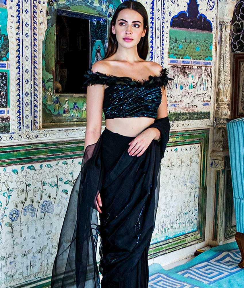 Navy Dupion Silk Off Shoulder Choli and Lehenga with Blush Net Dupatta