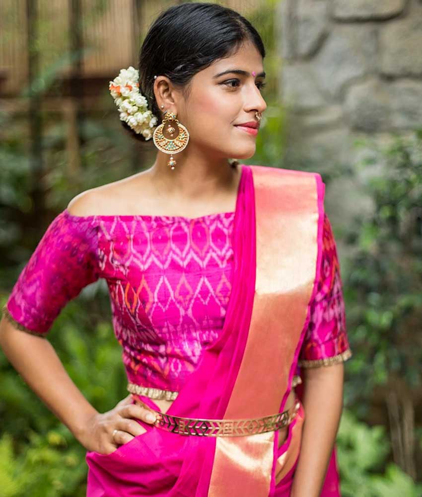 Embroidered Off-Shoulder Blouse with Printed Lehenga & Embroidered Net –  Limerick by Abirr n' Nanki