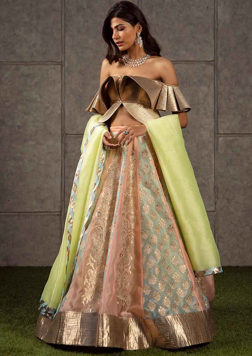 Grey Lehenga with Maroon Off Shoulder Blouse-Rent - ShopperBoard