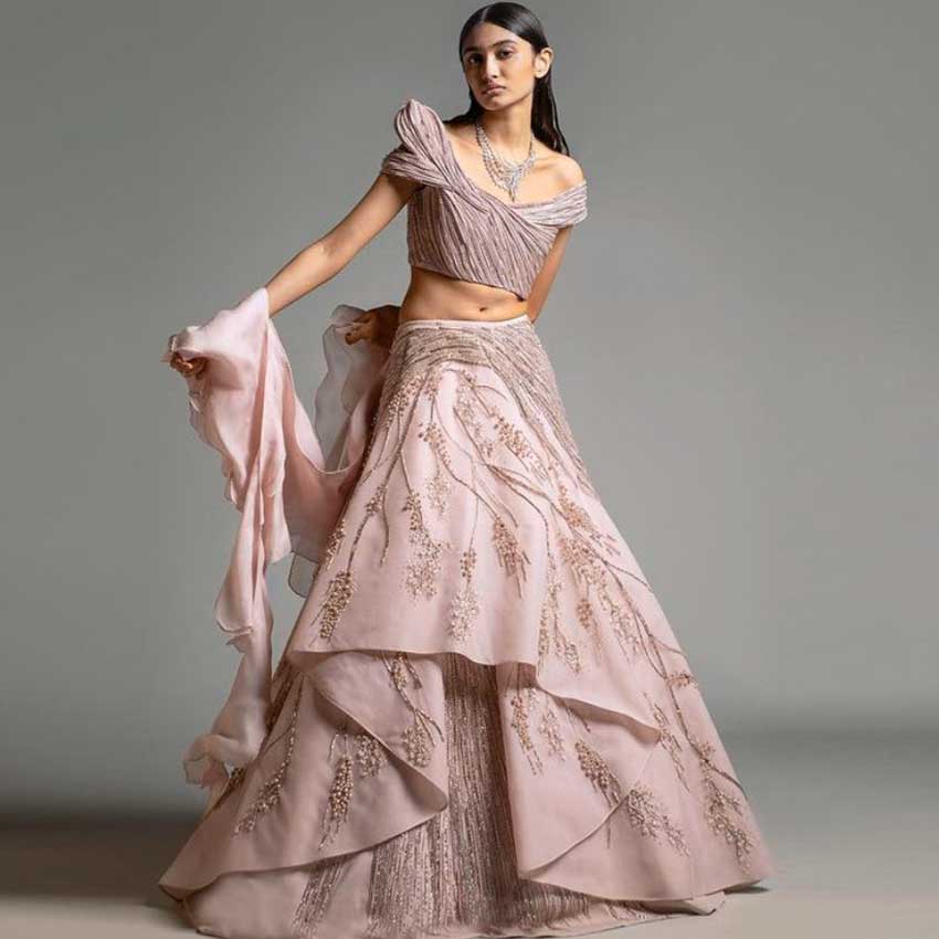 Buy Fuchsia Hand Embroidered Off-Shoulder Top With Lehenga by Designer  NUPUR KANOI Online at Ogaan.com