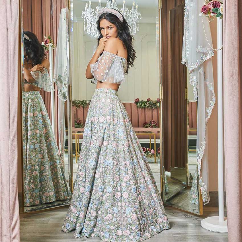 Buy Peach Organza Embroidered Floral Off Shoulder Blouse And Lehenga Set  For Women by Naintara Bajaj Online at Aza Fashions.