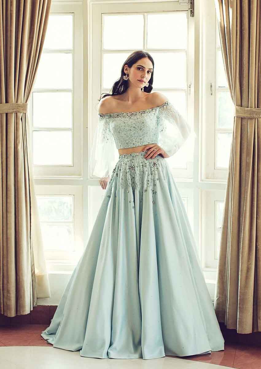 Off Shoulder Mirror Embellished Blouse & Lehenga Set – Akilah