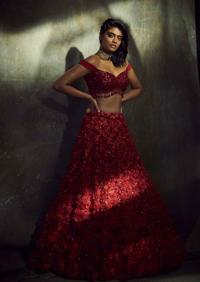 Red Off-Shoulder Lehenga Set | Seema Gujral – KYNAH