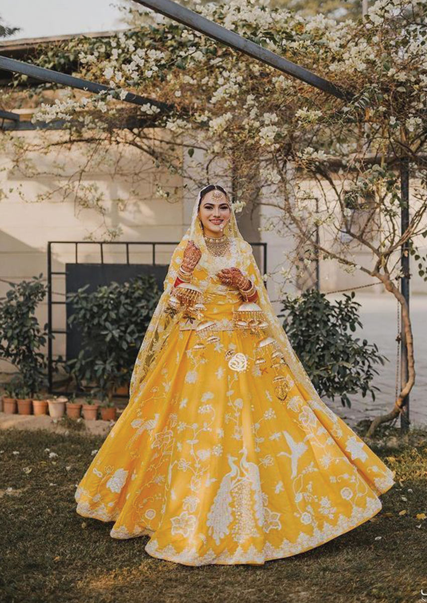 Yellow Heavy Thread Embroidered Lehenga – Maharani